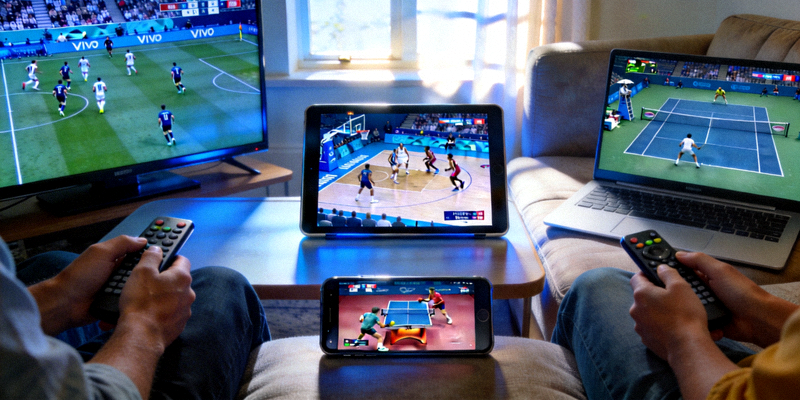 多台设备同时播放不同体育赛事直播的画面